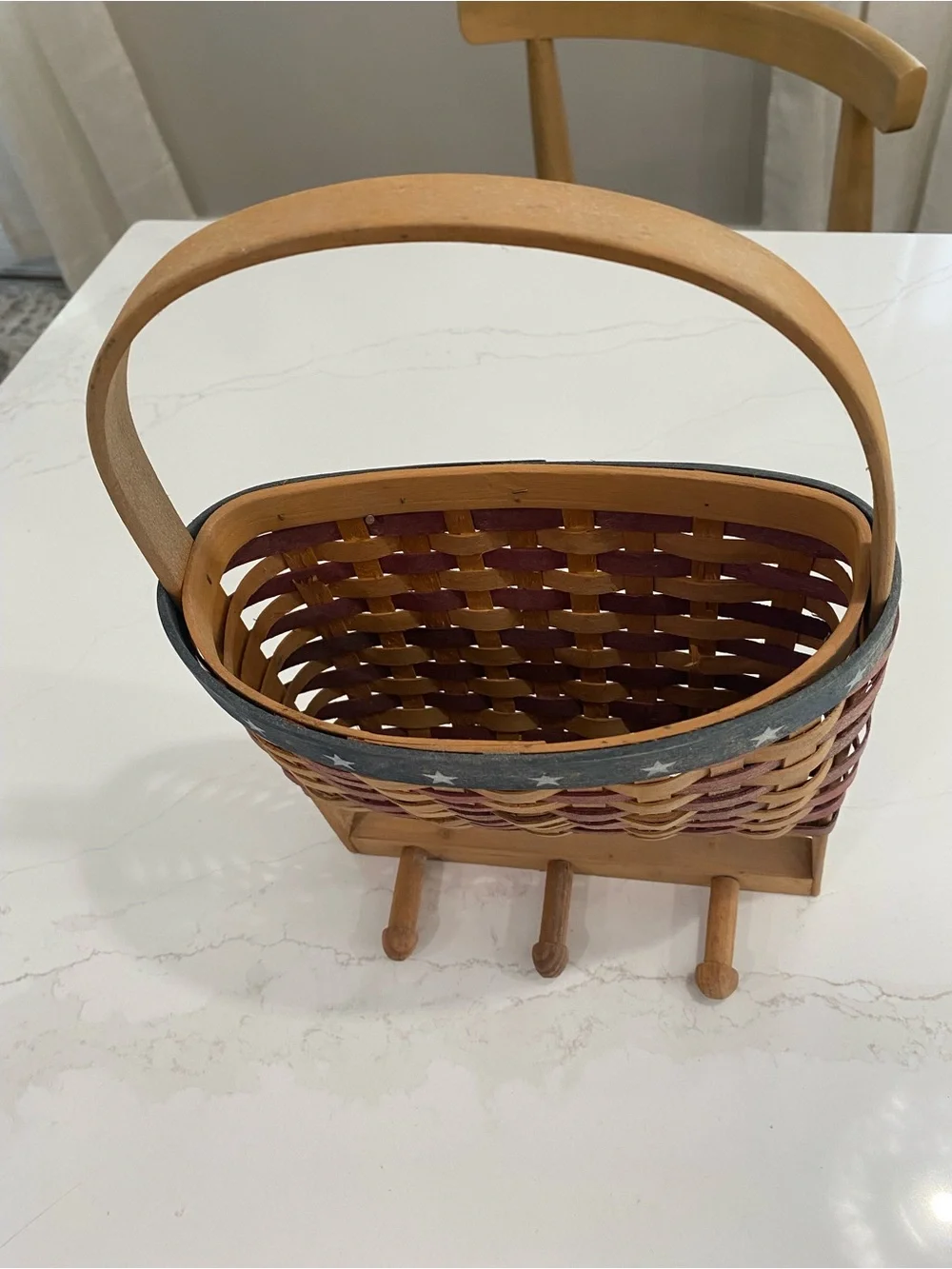 Patriotic Woven Hanging Basket with Hooks - Red and Natural